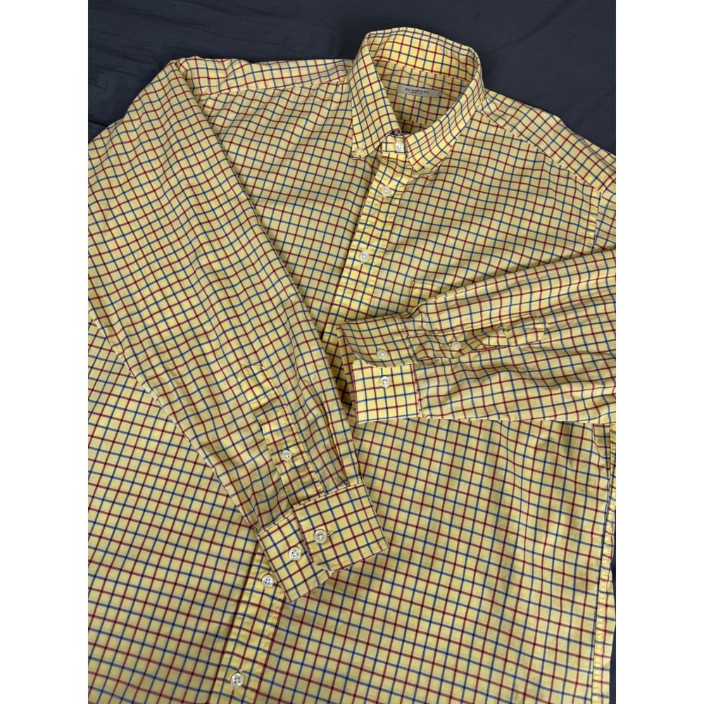 Burberry London Mens XL Yellow Windowpane Button Down L/S Shirt Made in USA